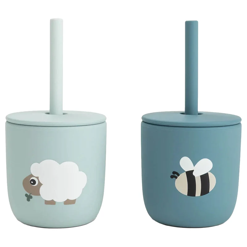 done by deer gobelet enfant avec paille tiny farm - bleu - 2 pcs