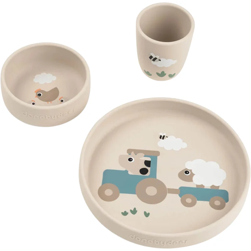 done by deer set de repas pour enfant avec ventouse tiny farm - sable - 3 pièces