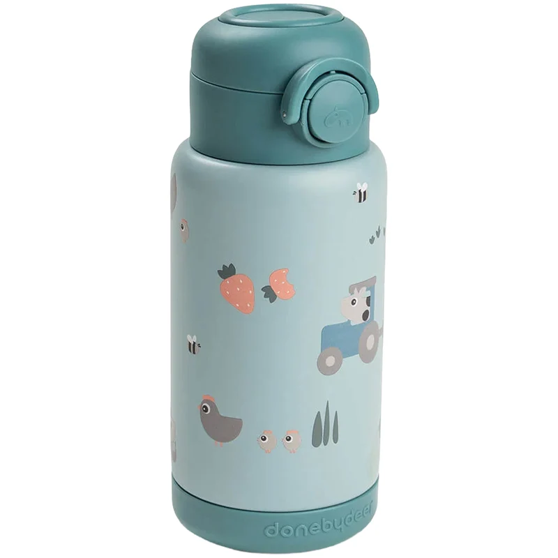 done by deer bouteille isotherme en inox avec paille tiny farm - bleu - 340 ml