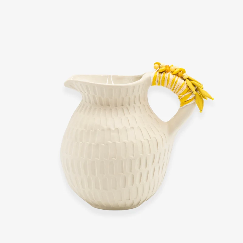 Cruche Ronde Blanche à Perles Jaunes