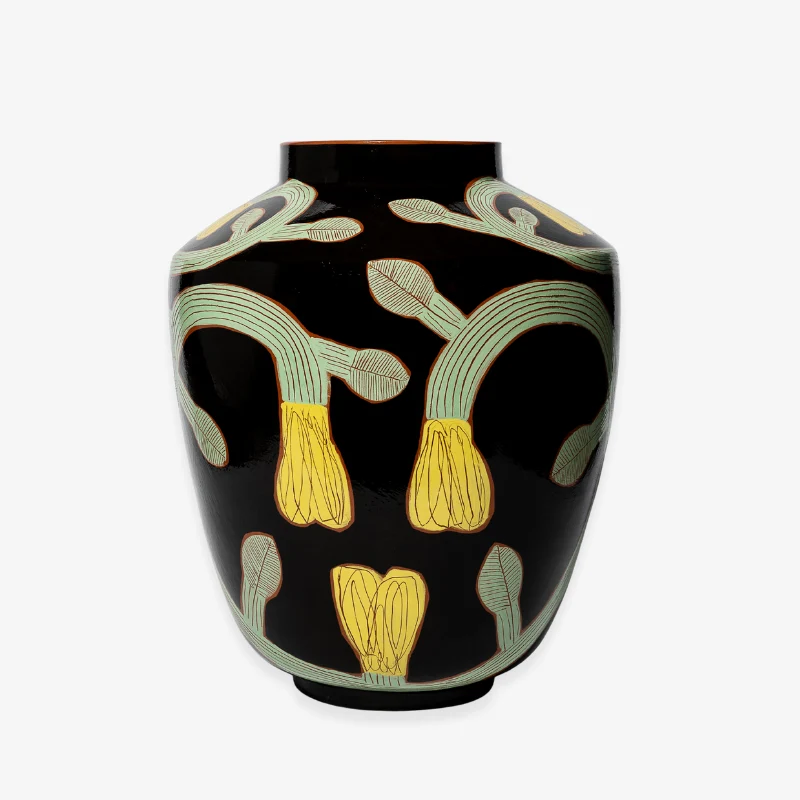 Jarre Noire Fleurs Vertes et Jaunes Céramique