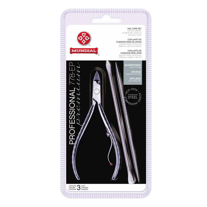 Pince à cuticules en acier inoxydable avec deux spatules (Alicate para Cutícula Profissional 778-EP c/ 2 Espátulas) - MUNDIAL