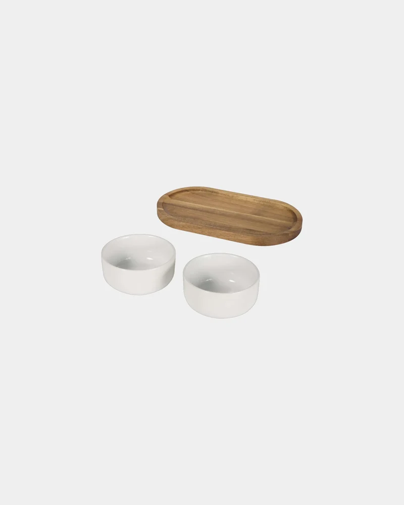 Ensemble plateau en acacia et bols céramique à personnaliser
