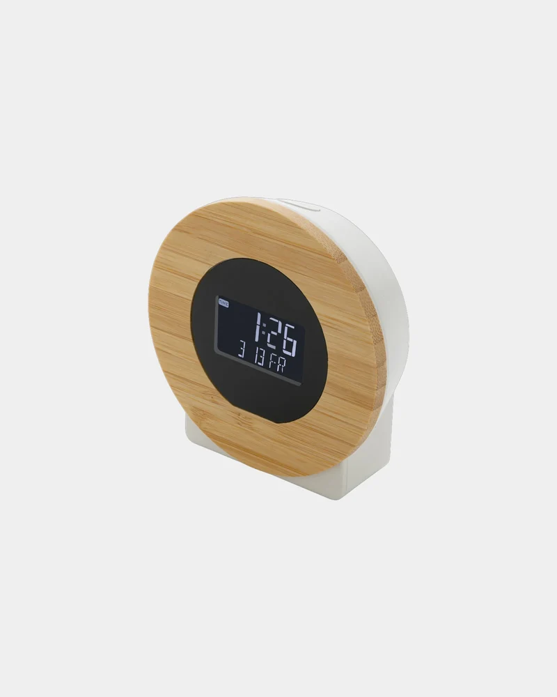 Horloge bureau en bambou et plastique recyclé à personnaliser