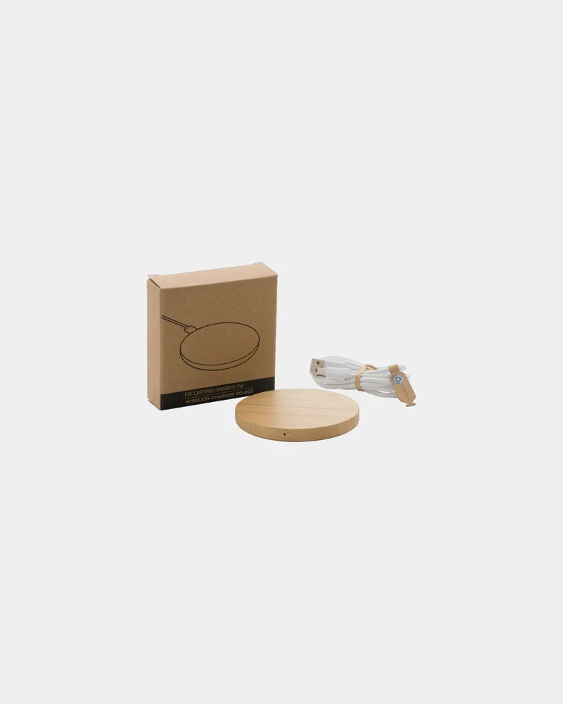 Chargeur sans fil 5W rond en bambou à personnaliser