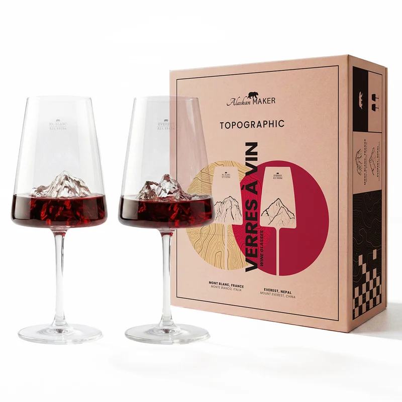 Coffret 2 Verres à vin topographic Mont Blanc & Everest