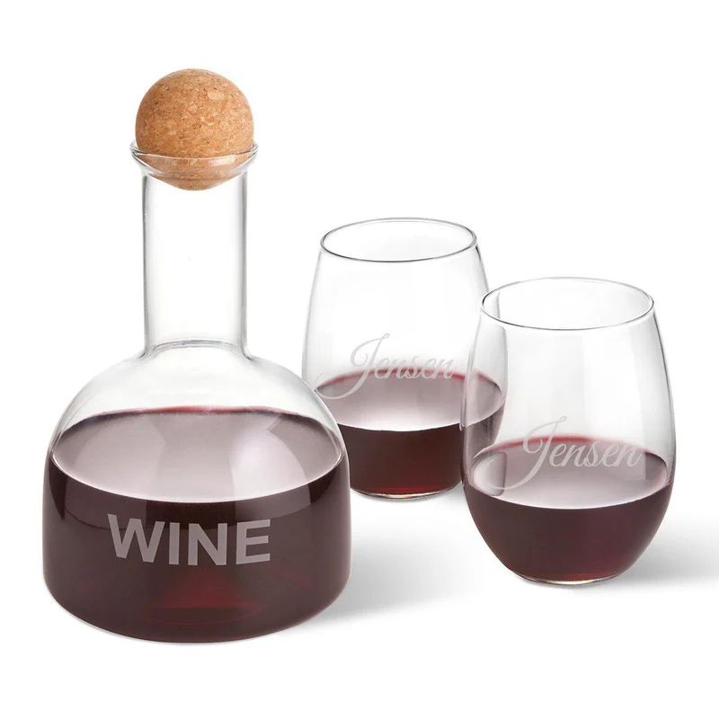 Wine Decanter in Wood Crate with set of 2 Stemless Wine Glasses - Personalized