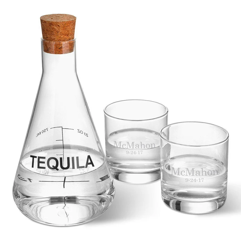 Tequila Decanter in Wood Crate with set of 2 Lowball Glasses - Personalized