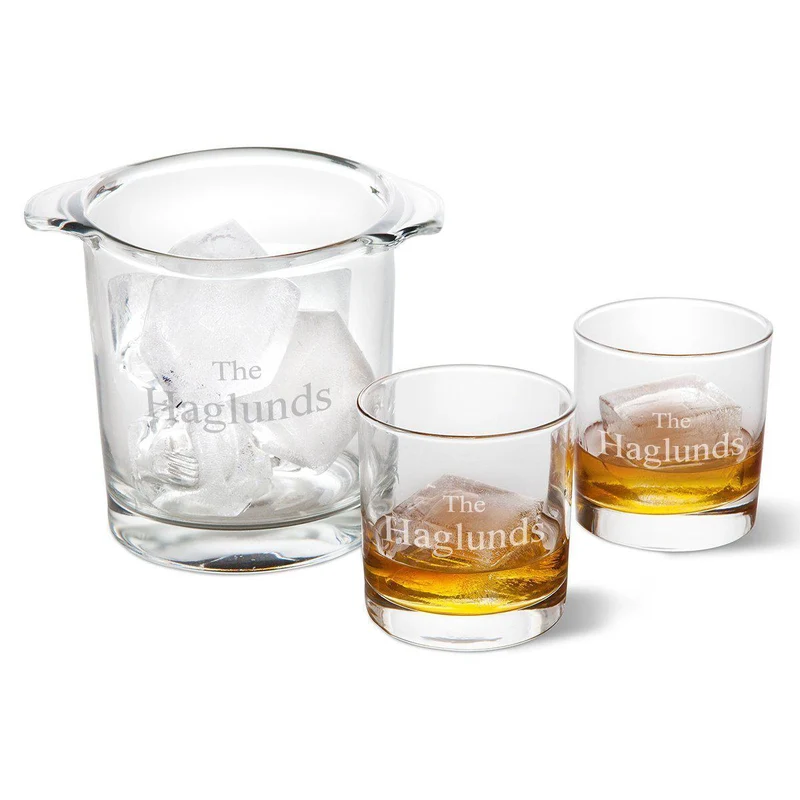 Ice Bucket with 2 Lowball Glasses - Personalized
