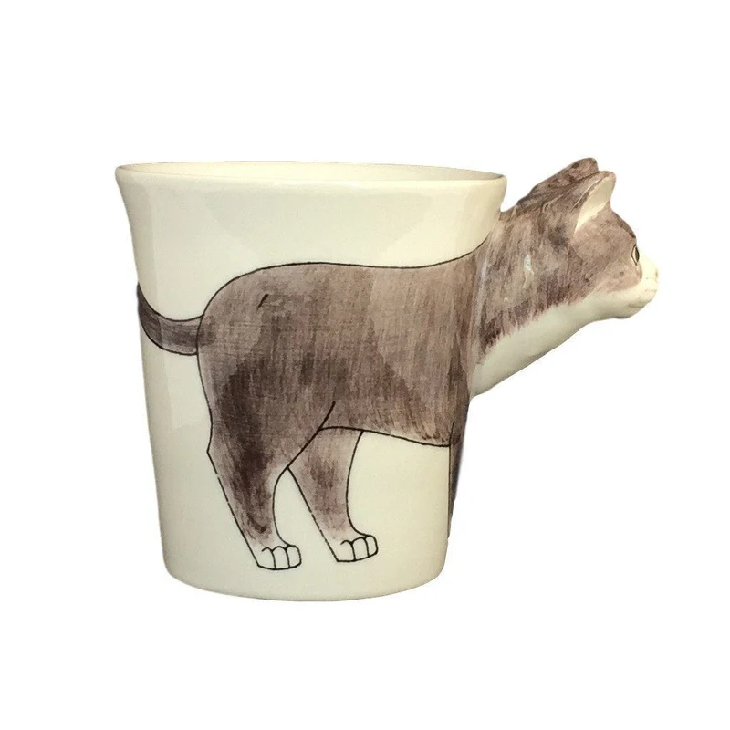 Gray & White Cat Hand Painted Coffee Mug