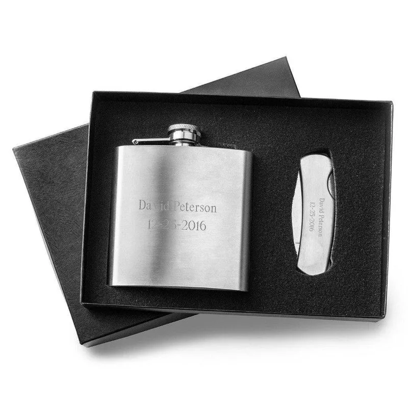 6oz Stainless Steel Flask & Lock Back Knife Personalized Gift Set