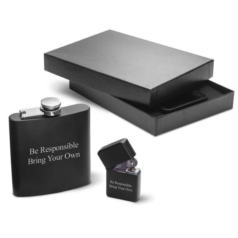 Black Matte 6oz Flask and Lighter Personalized Gift Set