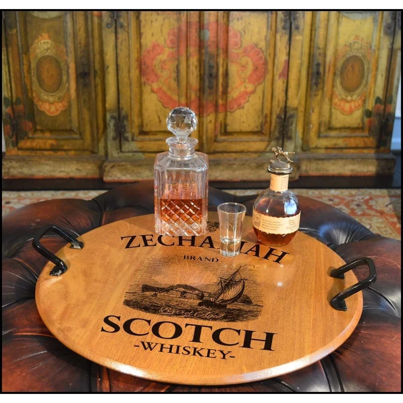 Zechariah Scotch Barrel Head Serving Tray with Wrought Iron Handles - Personalized