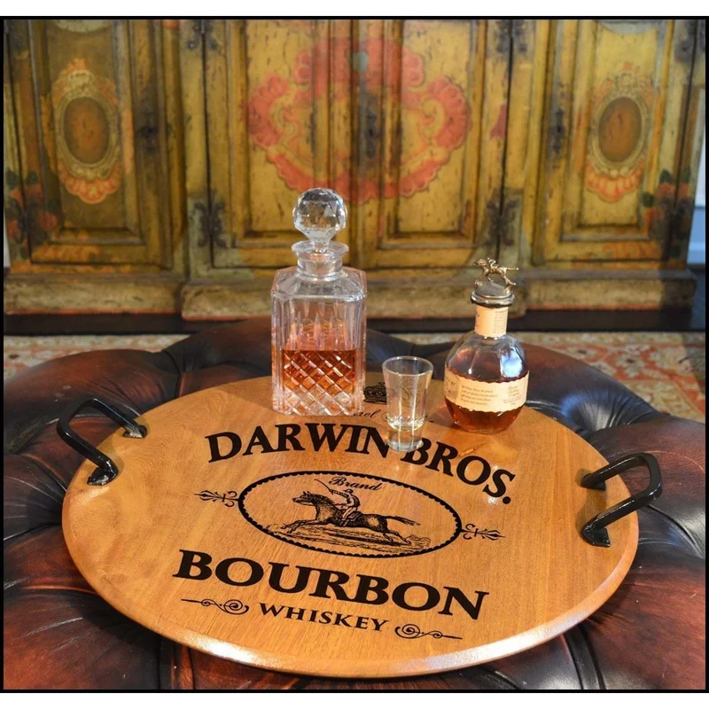 Darwin Bros. Barrel Head Serving Tray with Wrought Iron Handles - Personalized