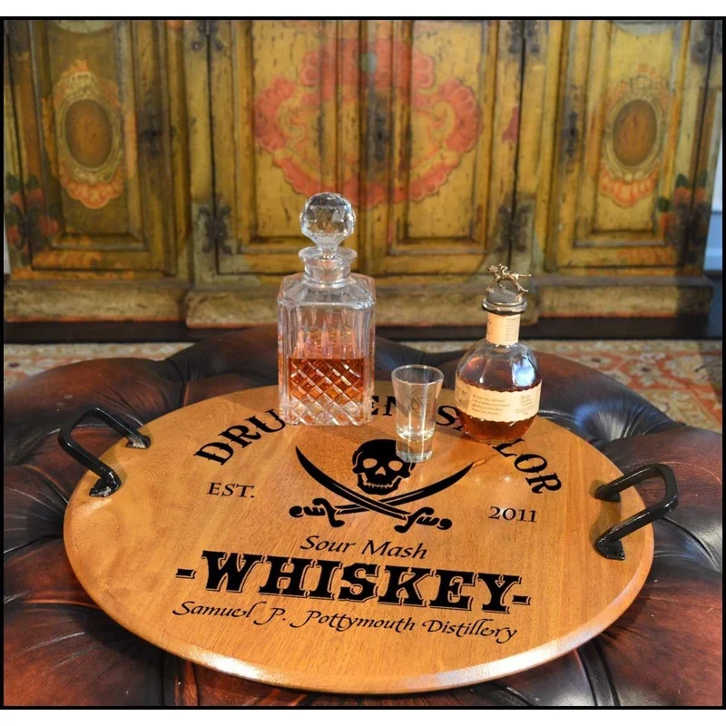 Drunken Sailor Barrel Head Serving Tray with Wrought Iron Handles - Personalized