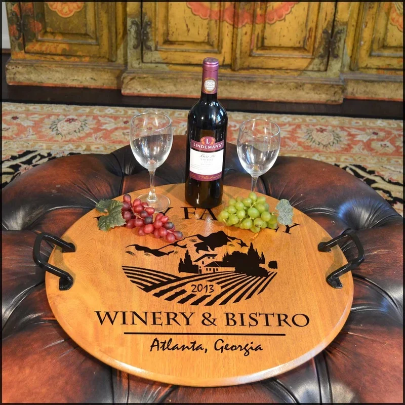 Chateau 2 Barrel Head Serving Tray with Wrought Iron Handles - Personalized