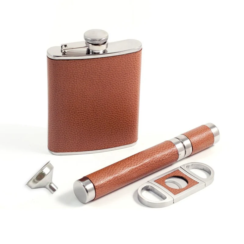 Leather Flask, Cigar Case and Cutter 4 Piece Set.