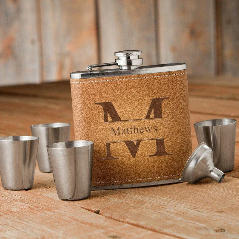 Stamped Monogram Tan Hide Flask Gift Set