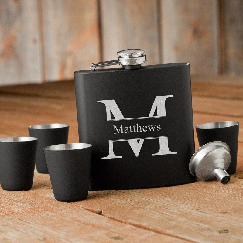 Stamped Monogram Black Matte Flask Gift Set
