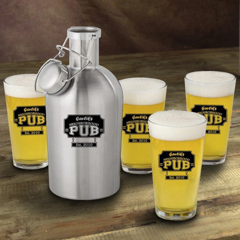 Neighborhood Pub Personalized Stainless Steel Beer Growler with Pint Glass Set