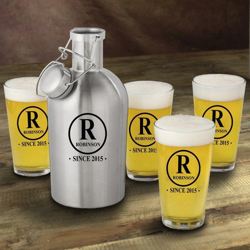 Initial Personalized Stainless Steel Beer Growler with Pint Glass Set