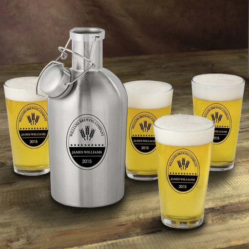 Brewing Company Personalized Stainless Steel Beer Growler with Pint Glass Set