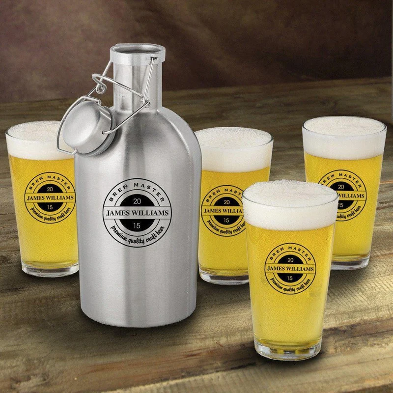 Brew Master Personalized Stainless Steel Beer Growler with Pint Glass Set