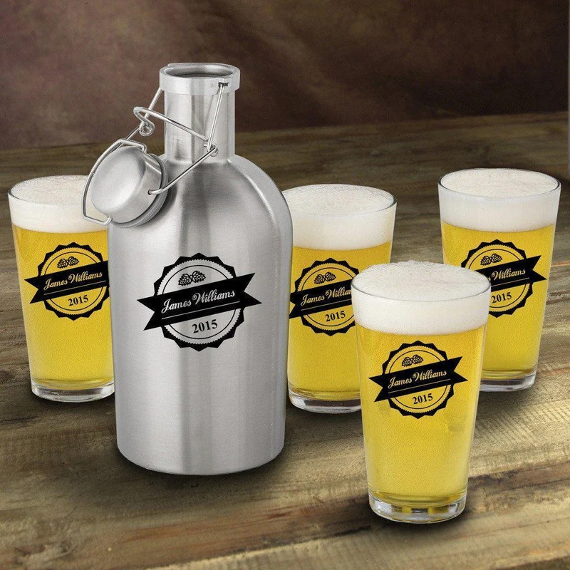 Bottle Top Personalized Stainless Steel Beer Growler with Pint Glass Set