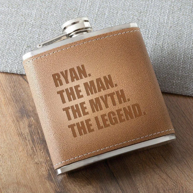 The Man. The Myth. The Legend. Tan Hide Stitched Personalized Flask