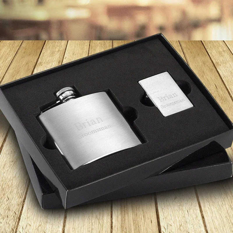 Brushed Flask and Lighter Personalized Gift Set