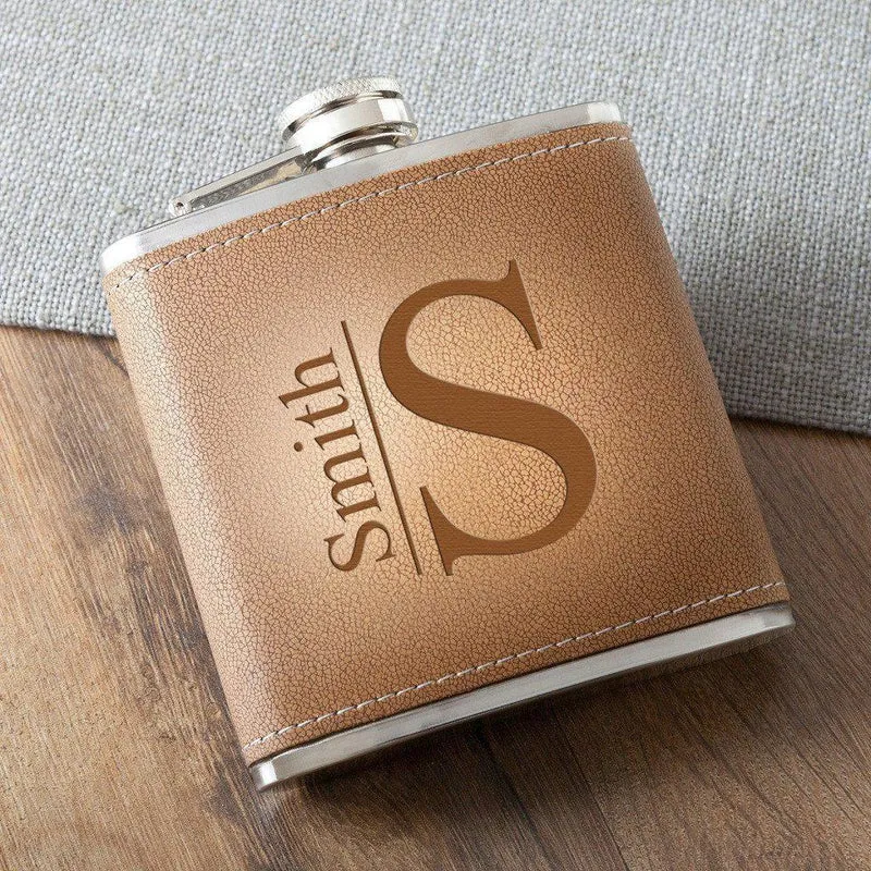 Monogrammed Tan Hide Stitched Flask