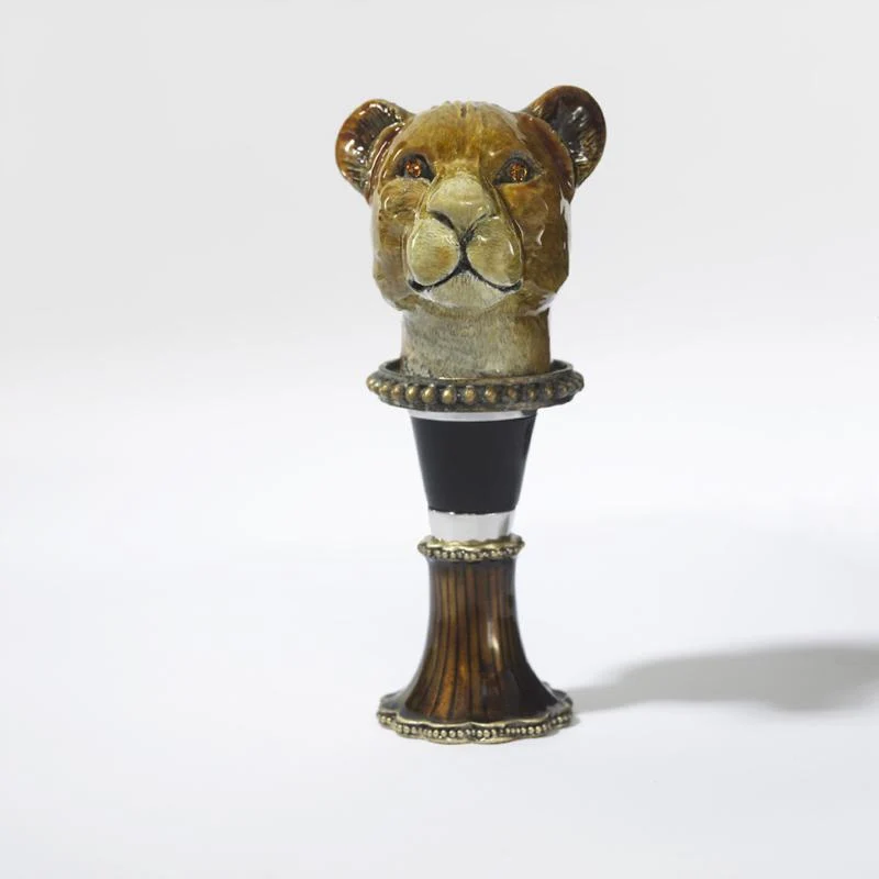 Enameled Lioness Wine Bottle Stopper with Crystals