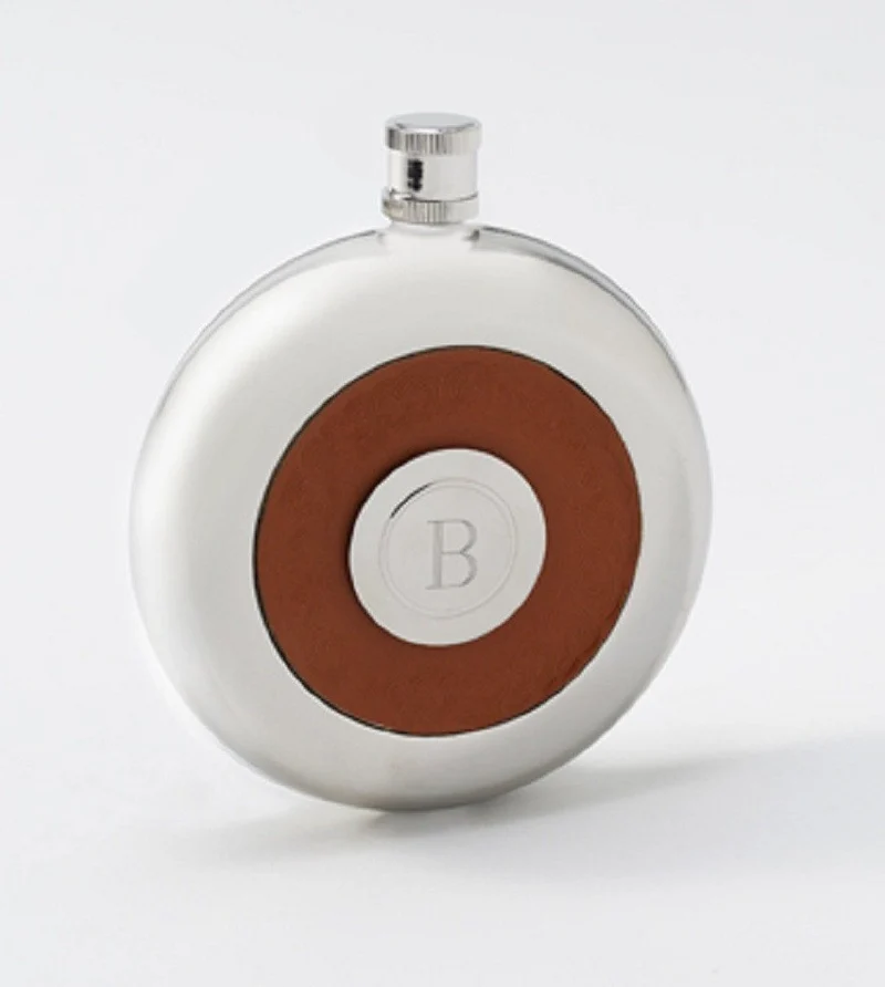 Oxford Round Leather Personalized Flask with Shot