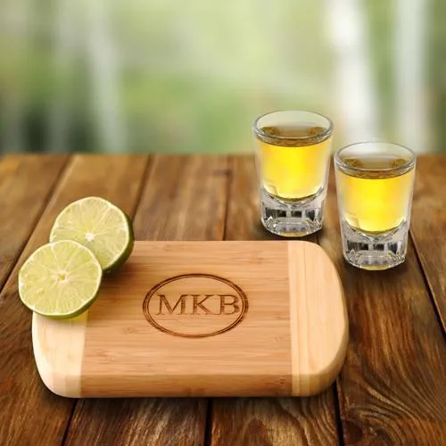 Bamboo Personalized Bar Board With Two Shot Glasses